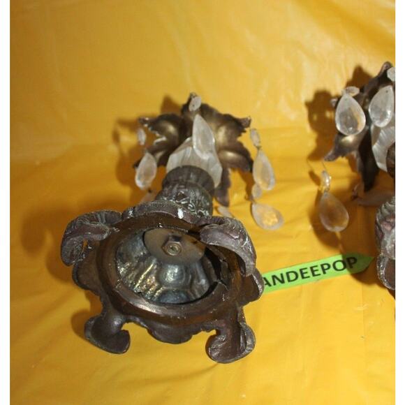 Vintage Pair Of Cast Metal Teardrop Crystals And Prizm Candle Stick Holders - Picture 7 of 12